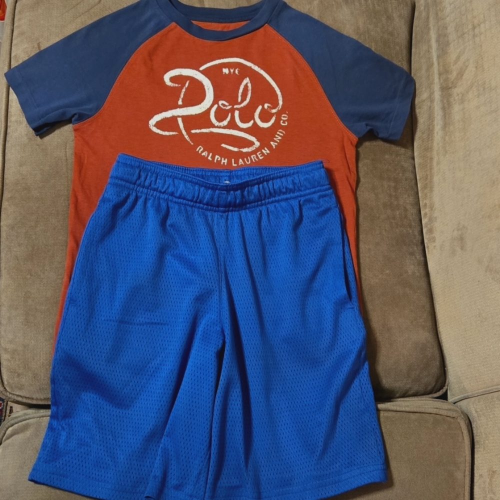2 Piece Bundle POLO RALPH LAUREN Red Blue Tee Top &  CHAMPION Active Shorts Sz 6